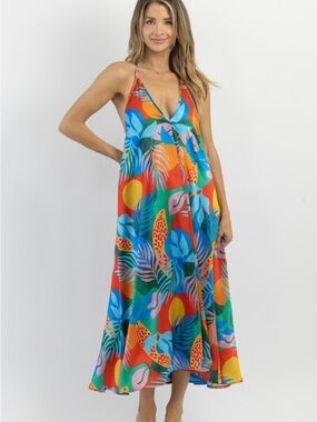 Tropical V-Neck Satin Midi Dress in Multicolor size medium